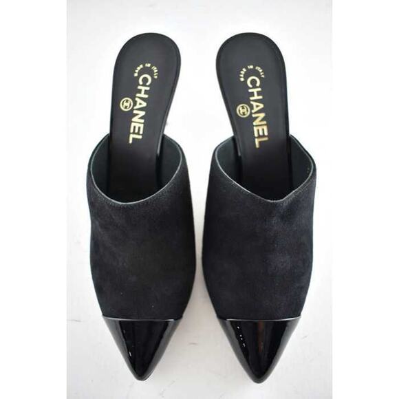 Chanel 20C Paris In Rome Pearl Black Suede Patent CC Mule Slide Heel Pump 40.5 - Picture 4 of 8